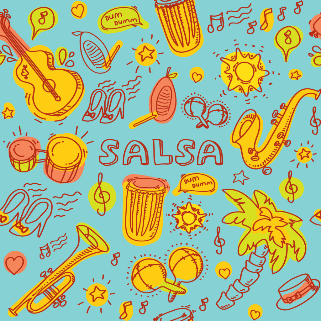 Salsa music and dance colored illustration with musical instruments with palms, etc. Vector modern and stylish design elements set