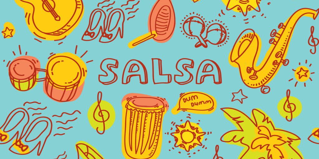 Salsa music and dance colored illustration with musical instruments with palms, etc. Vector modern and stylish design elements set