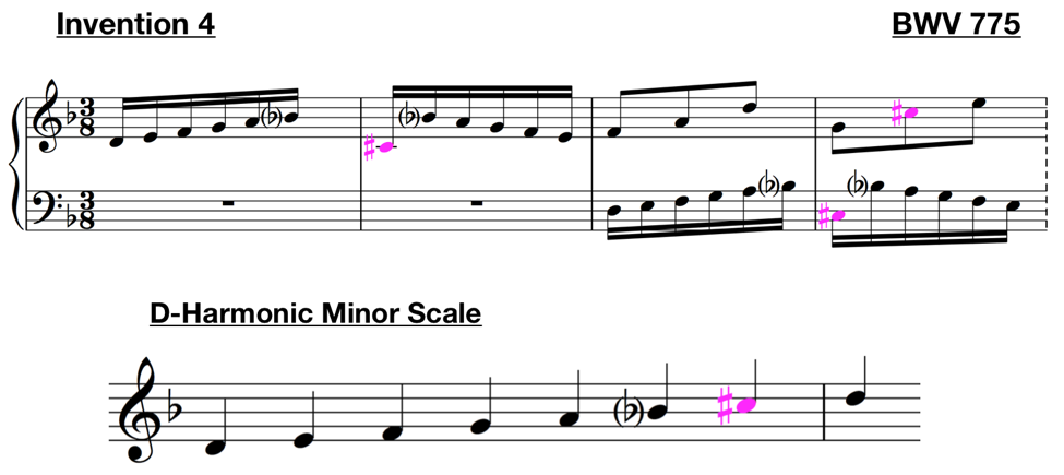 invention 4 bwv 775 d harmonic minor scale